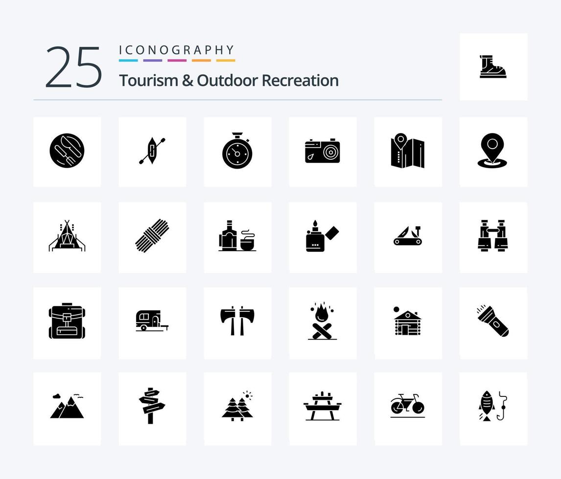 turismo y recreación al aire libre paquete de iconos de 25 glifos sólidos que incluye mapa. foto. Brújula. fotografía. cámara vector