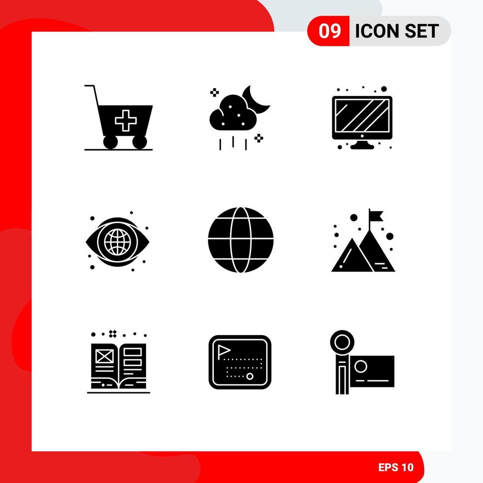 9 Universal Solid Glyphs Set for Web and Mobile Applications business globe screen world look Editable Vector Design Elements