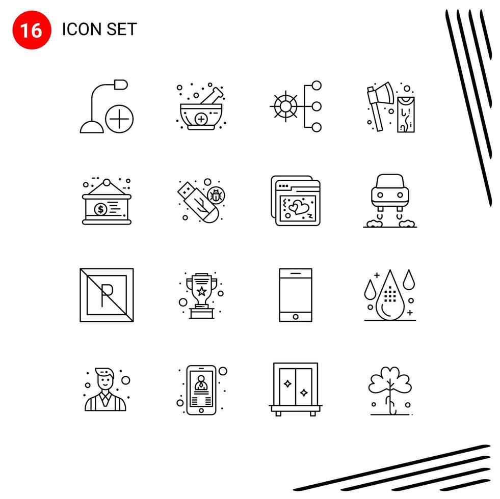 Stock Vector Icon Pack of 16 Line Signs and Symbols for tool construction natural axe management Editable Vector Design Elements