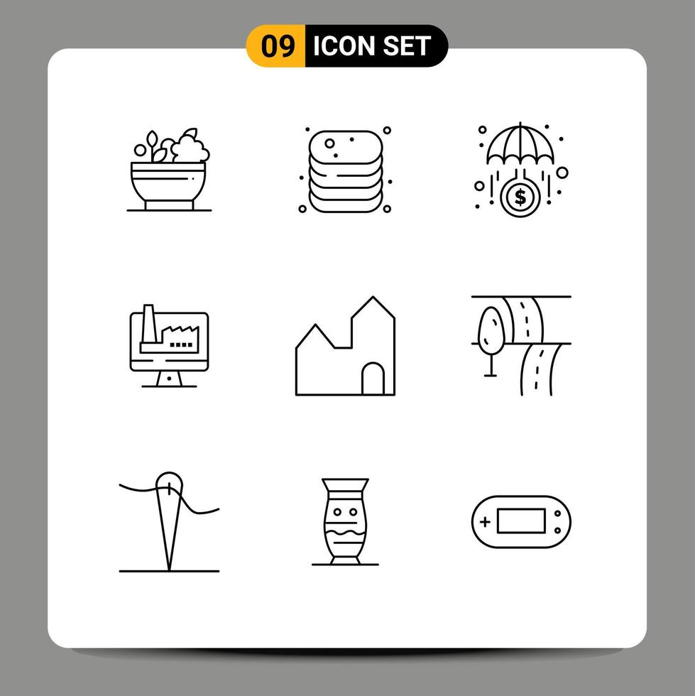 Stock Vector Icon Pack of 9 Line Signs and Symbols for factory monitore shop building investment Editable Vector Design Elements