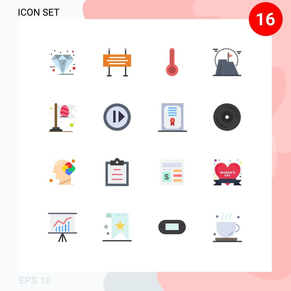 Mobile Interface Flat Color Set of 16 Pictograms of flag mission under construction barrier goal achievement Editable Pack of Creative Vector Design Elements