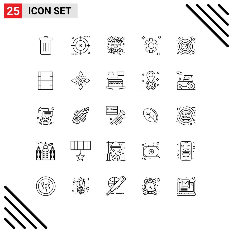 Universal Icon Symbols Group of 25 Modern Lines of bulls eye setting optimization gear day Editable Vector Design Elements