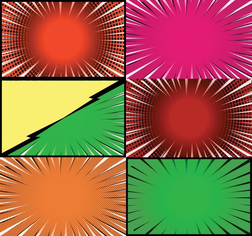 Comic book colorful frames background with halftone rays radial and dotted effects pop art style vector