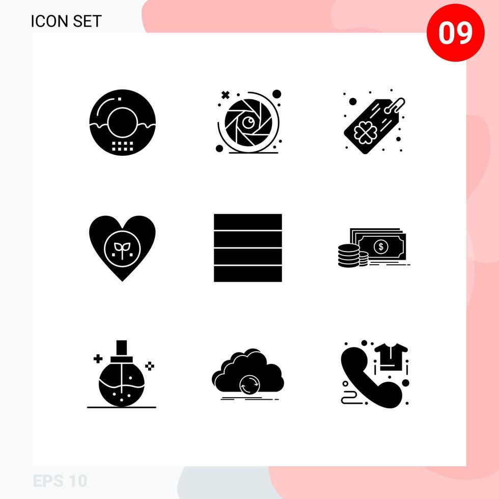 Set of 9 Vector Solid Glyphs on Grid for grid heart lens aperture favorite ecology Editable Vector Design Elements