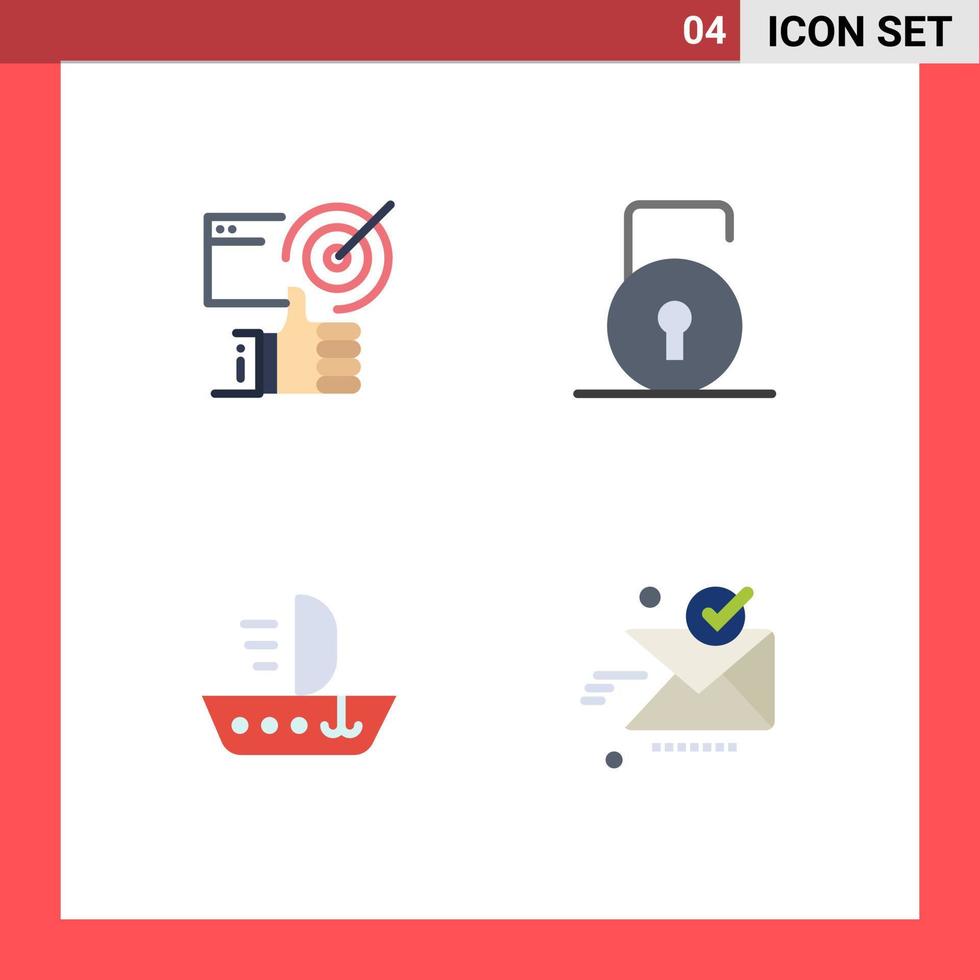 Pack of 4 Modern Flat Icons Signs and Symbols for Web Print Media such as target sail tumbs lock pad skiff Editable Vector Design Elements