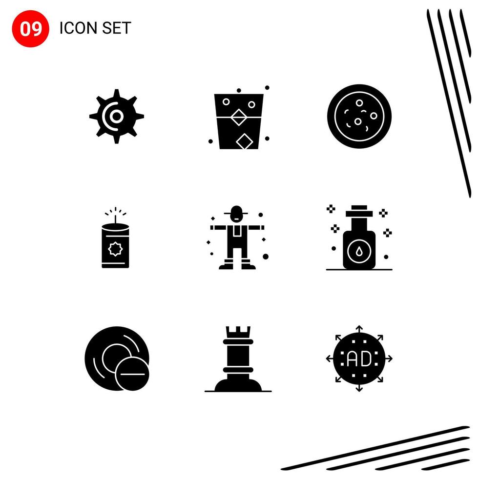 User Interface Pack of 9 Basic Solid Glyphs of scarecrow farming party character china Editable Vector Design Elements