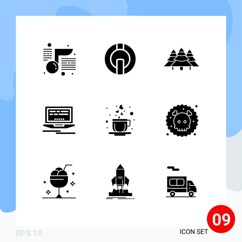 9 Universal Solid Glyph Signs Symbols of heart design forest web pines Editable Vector Design Elements