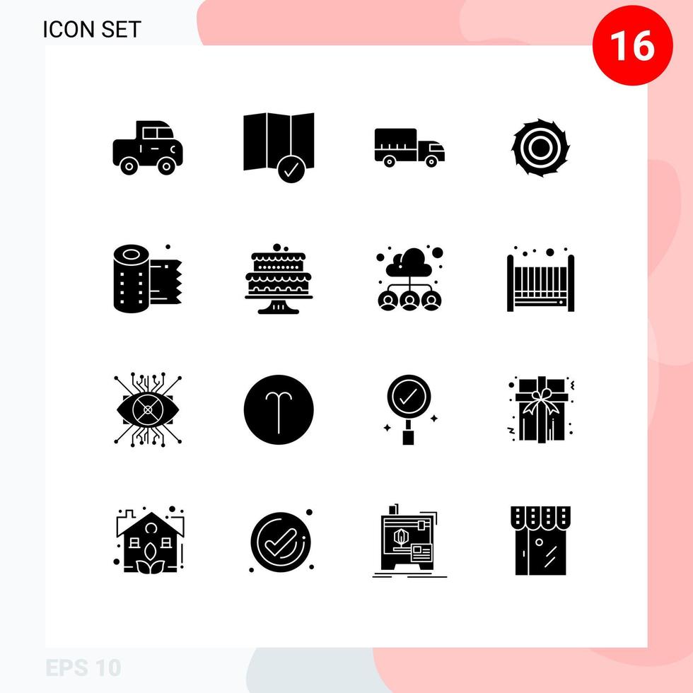 Pictogram Set of 16 Simple Solid Glyphs of baked roll transport paper line blades Editable Vector Design Elements