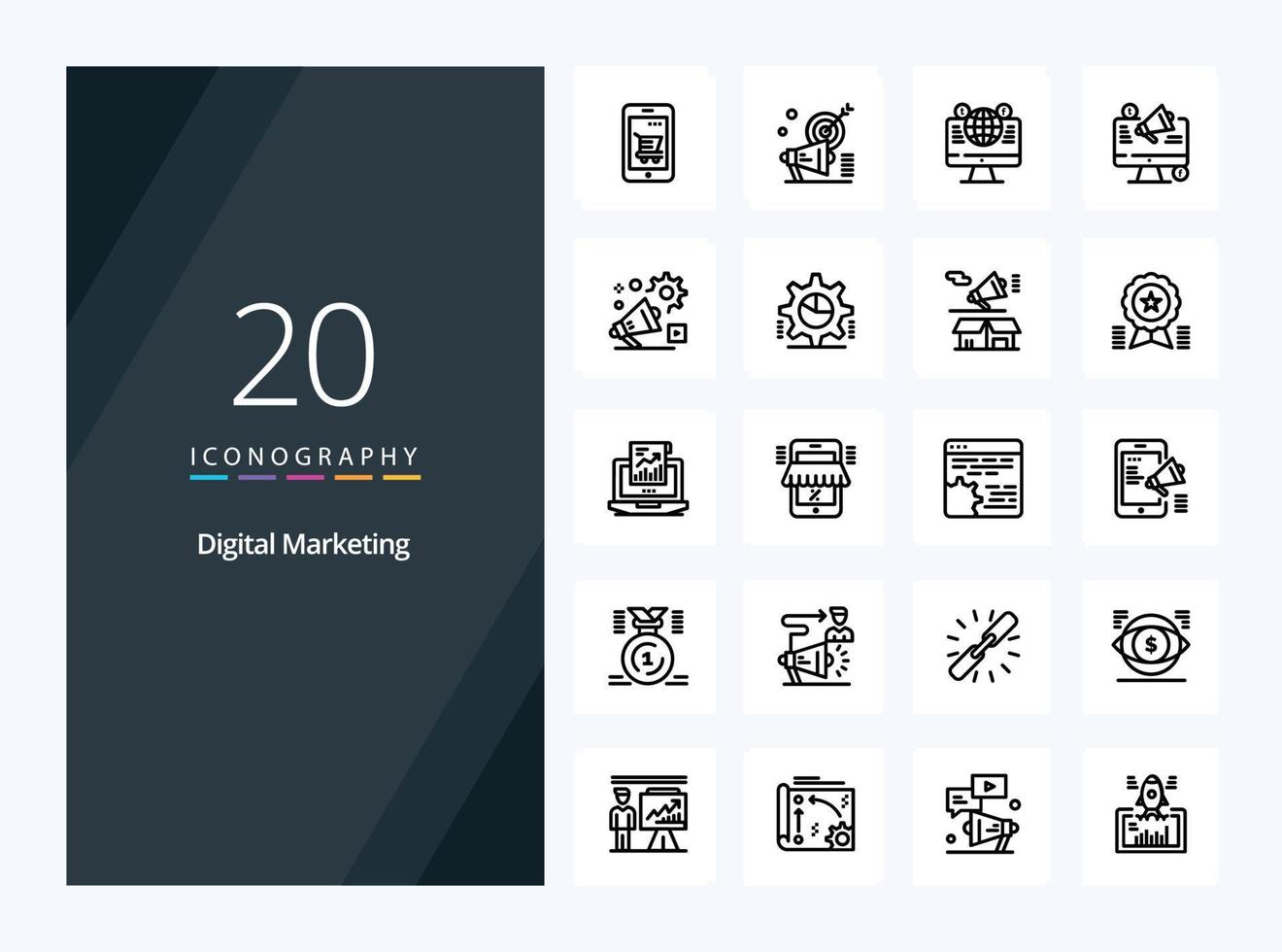 20 Digital Marketing Outline icon for presentation vector