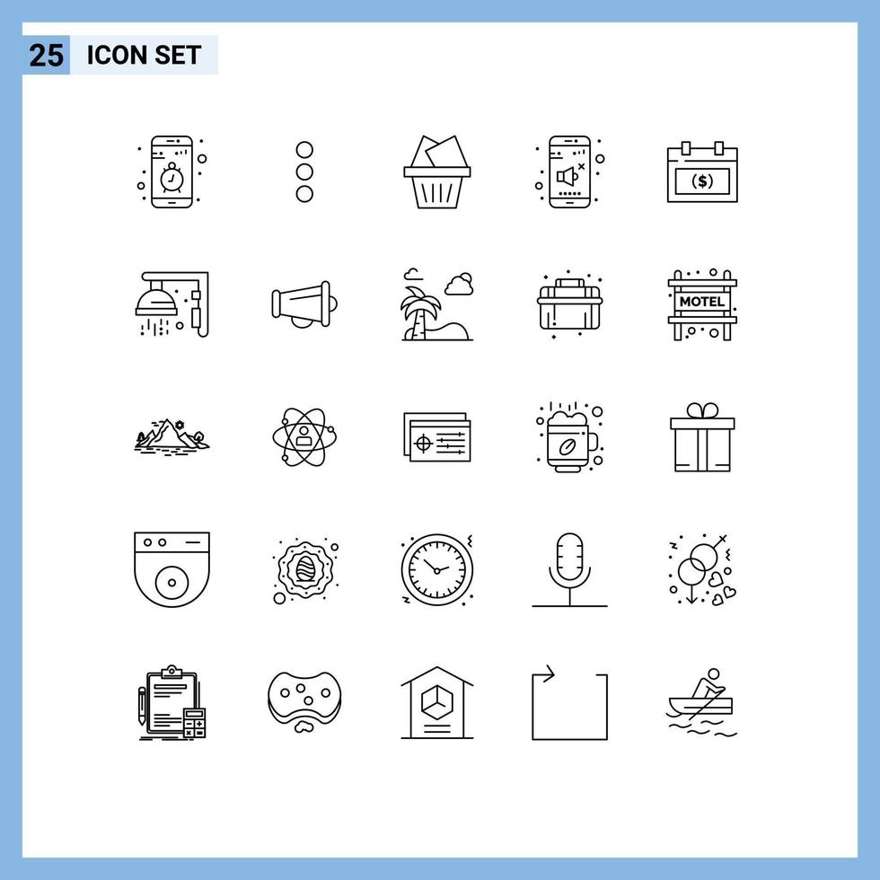 User Interface Pack of 25 Basic Lines of dollar calendar cart control sound Editable Vector Design Elements