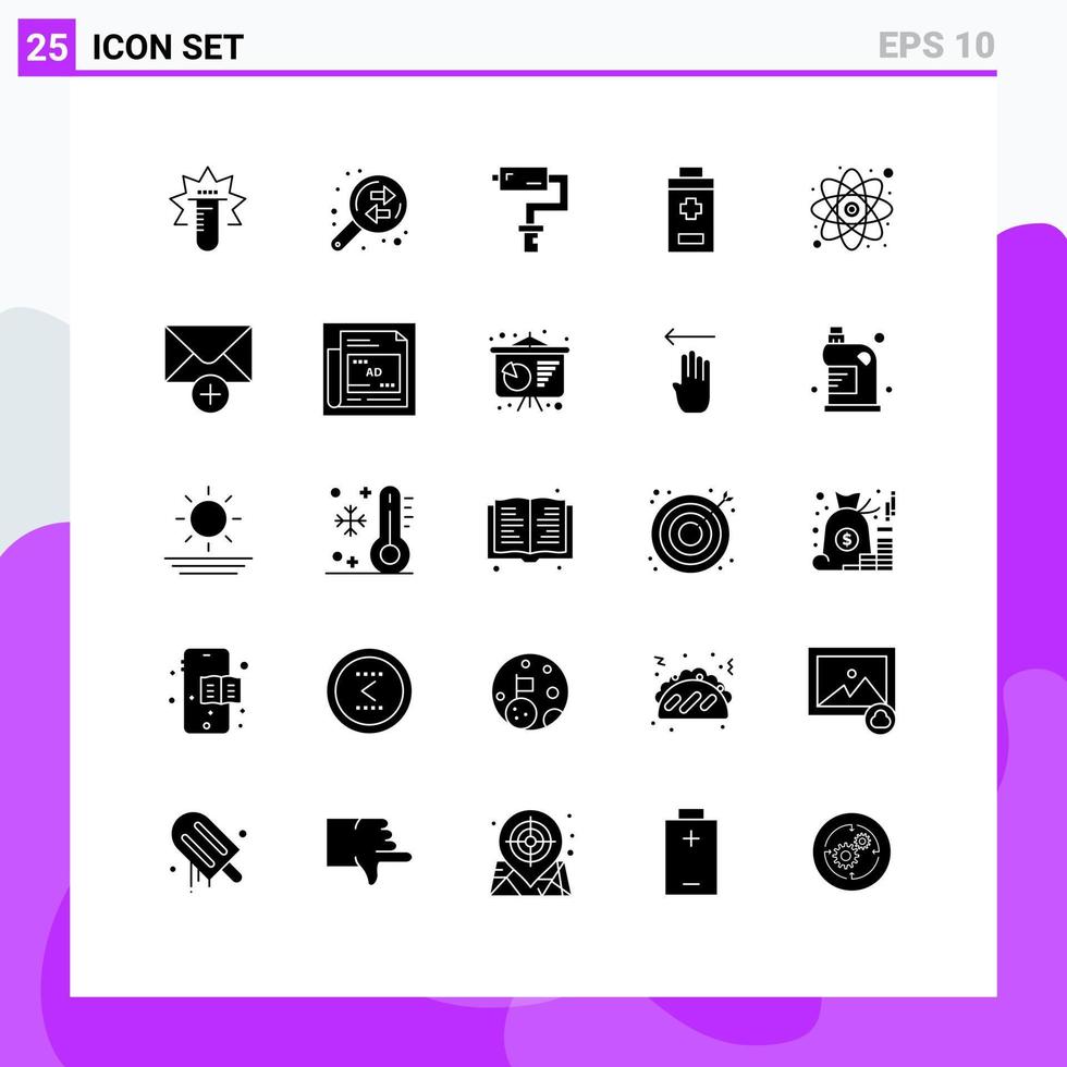 25 Creative Icons Modern Signs and Symbols of research atom paint roller plus battery Editable Vector Design Elements