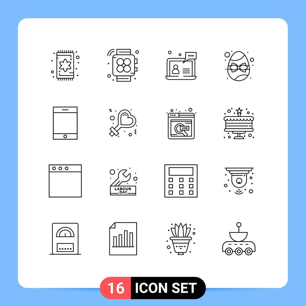 conjunto de pictogramas de 16 contornos simples de ipad huevo chat regalo cumpleaños elementos de diseño vectorial editables vector