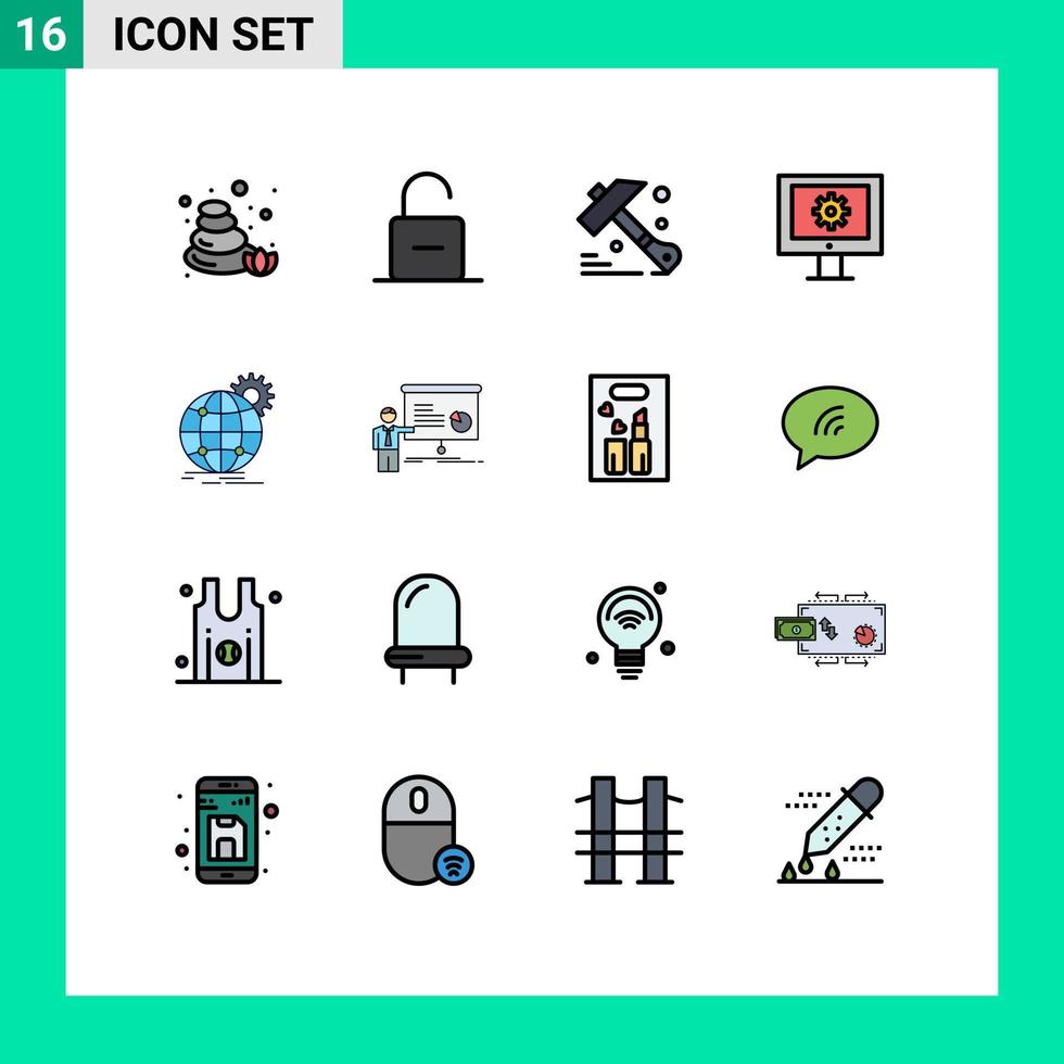 User Interface Pack of 16 Basic Flat Color Filled Lines of globe international construction web maintenance technical assistance Editable Creative Vector Design Elements