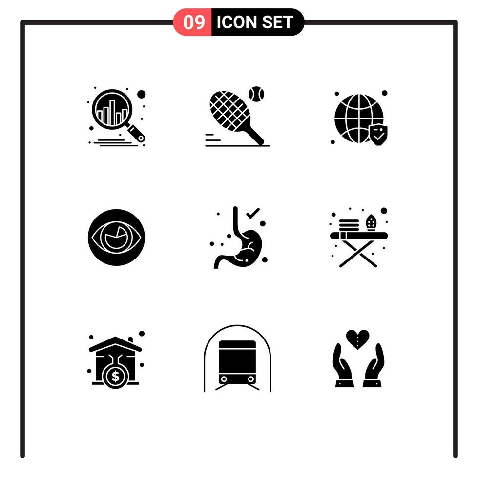 Modern Set of 9 Solid Glyphs Pictograph of gastroenterology look secure reality eye Editable Vector Design Elements
