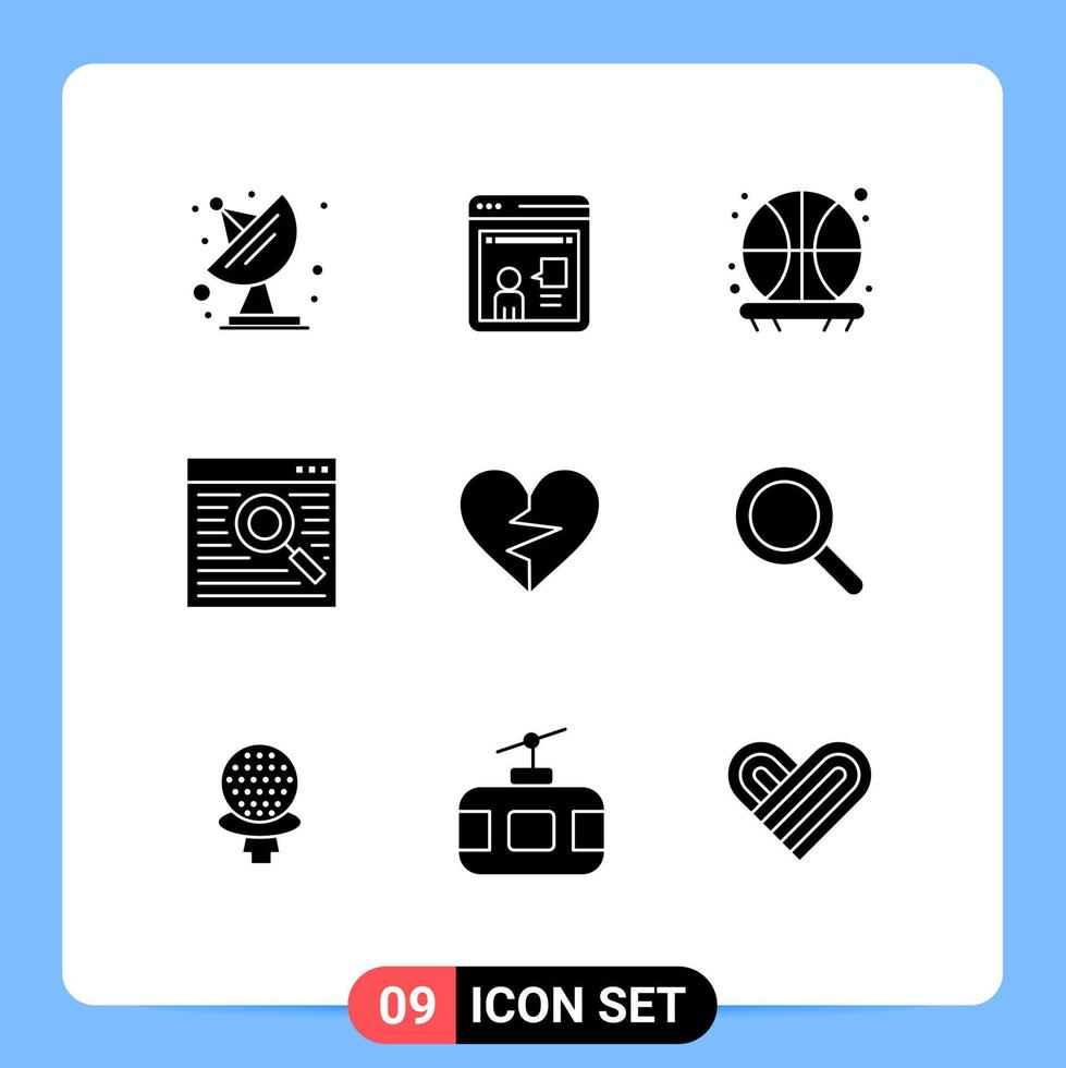 Modern Set of 9 Solid Glyphs Pictograph of favorite love basketball heart webpage Editable Vector Design Elements