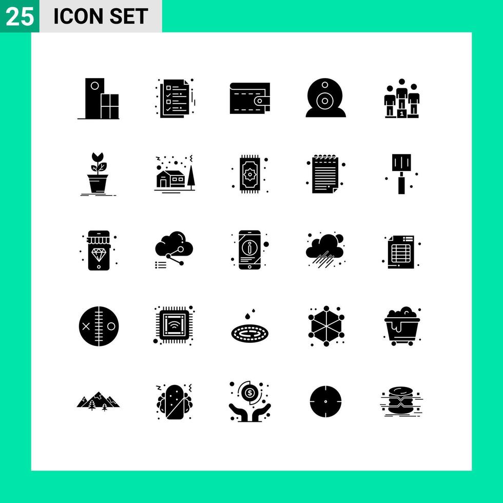 Pack of 25 Modern Solid Glyphs Signs and Symbols for Web Print Media such as pedestal webcam ok surveillance wallet Editable Vector Design Elements