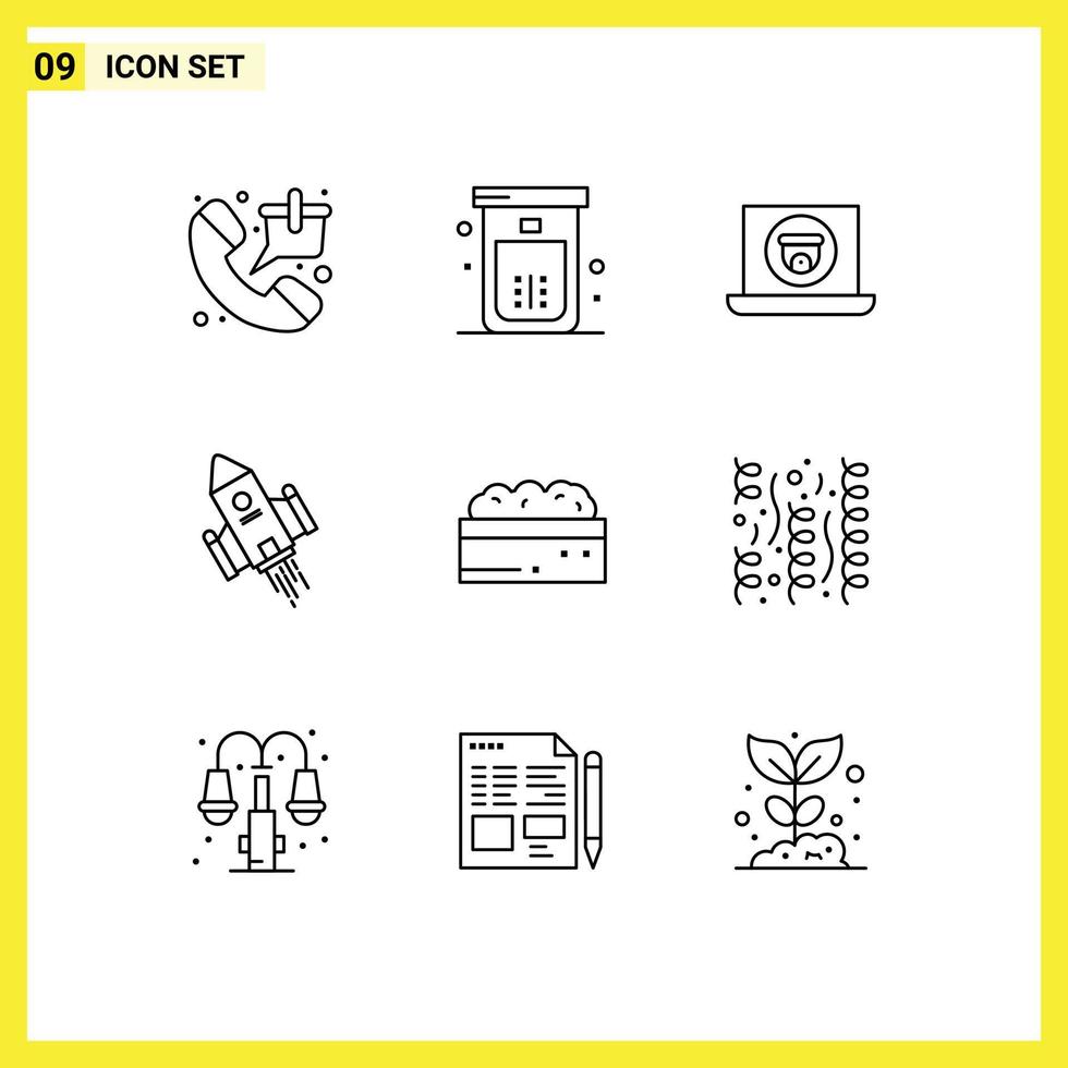 Pack of 9 Modern Outlines Signs and Symbols for Web Print Media such as rocket shuttle shower space craft video Editable Vector Design Elements