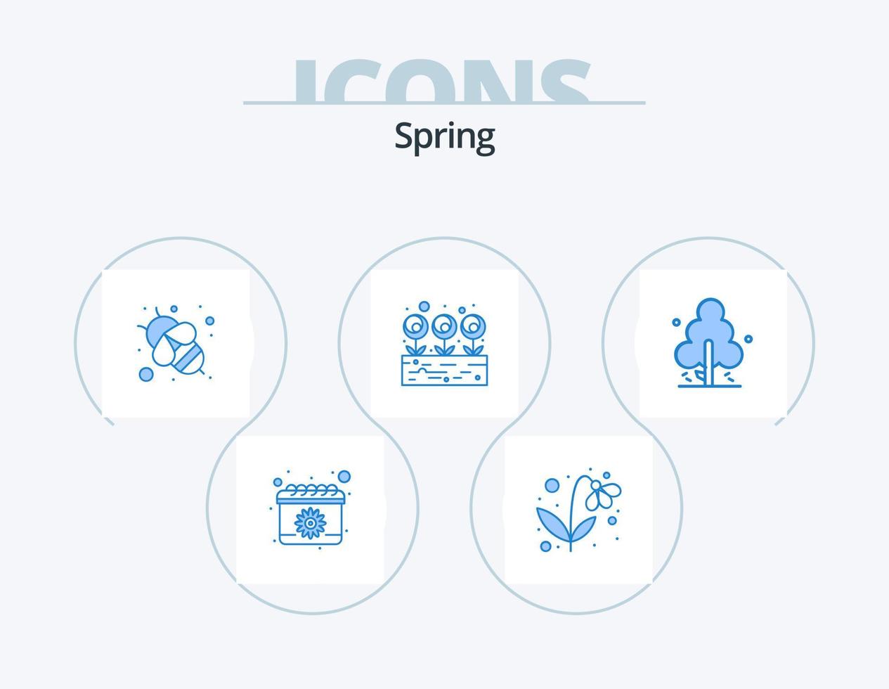 paquete de iconos azul primavera 5 diseño de iconos. primavera. naturaleza. abeja. flor. hoja vector