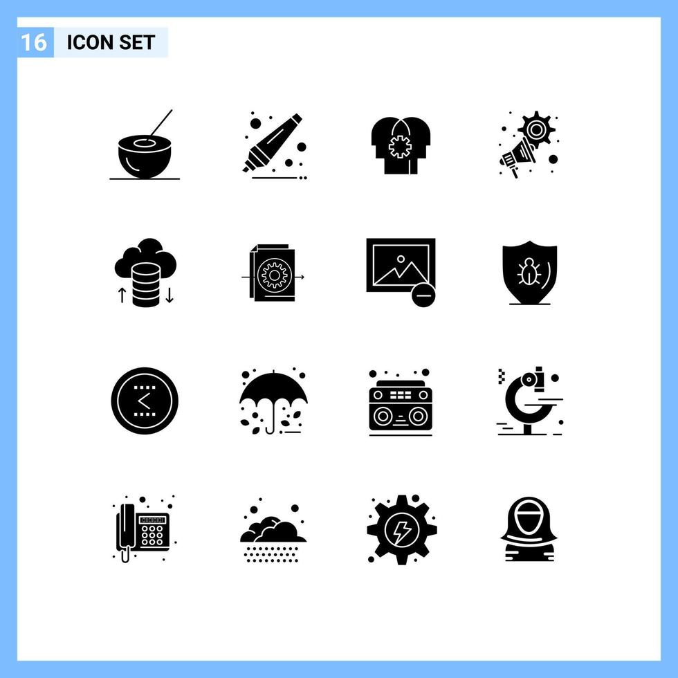 16 Universal Solid Glyph Signs Symbols of cloud network settings brain megaphone advertising Editable Vector Design Elements