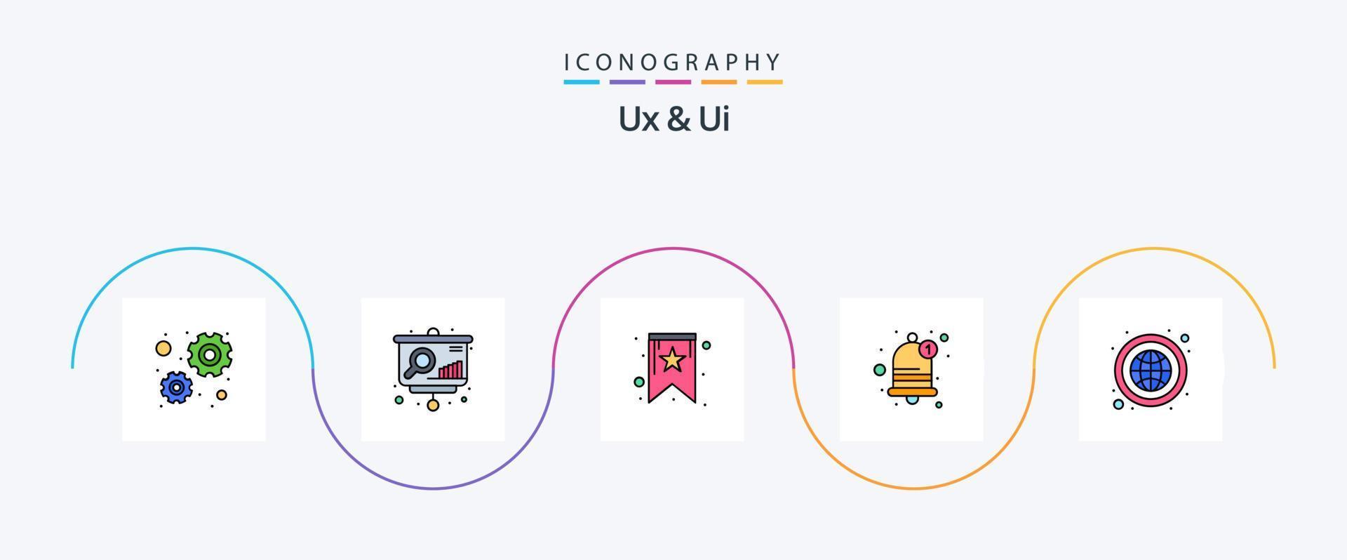 Ux And Ui Line Filled Flat 5 Icon Pack Including globe. global. favorite. earth. notification vector