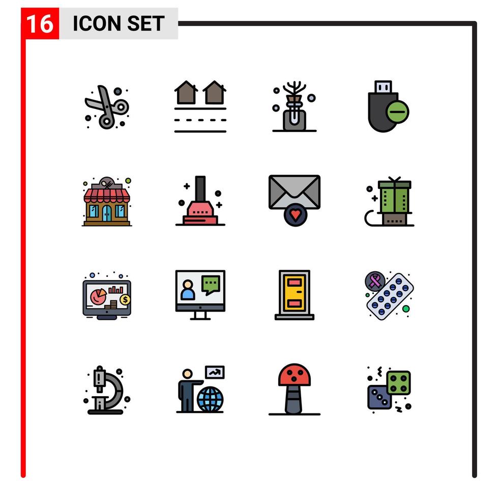 Set of 16 Vector Flat Color Filled Lines on Grid for hotel remove residences hardware computers Editable Creative Vector Design Elements