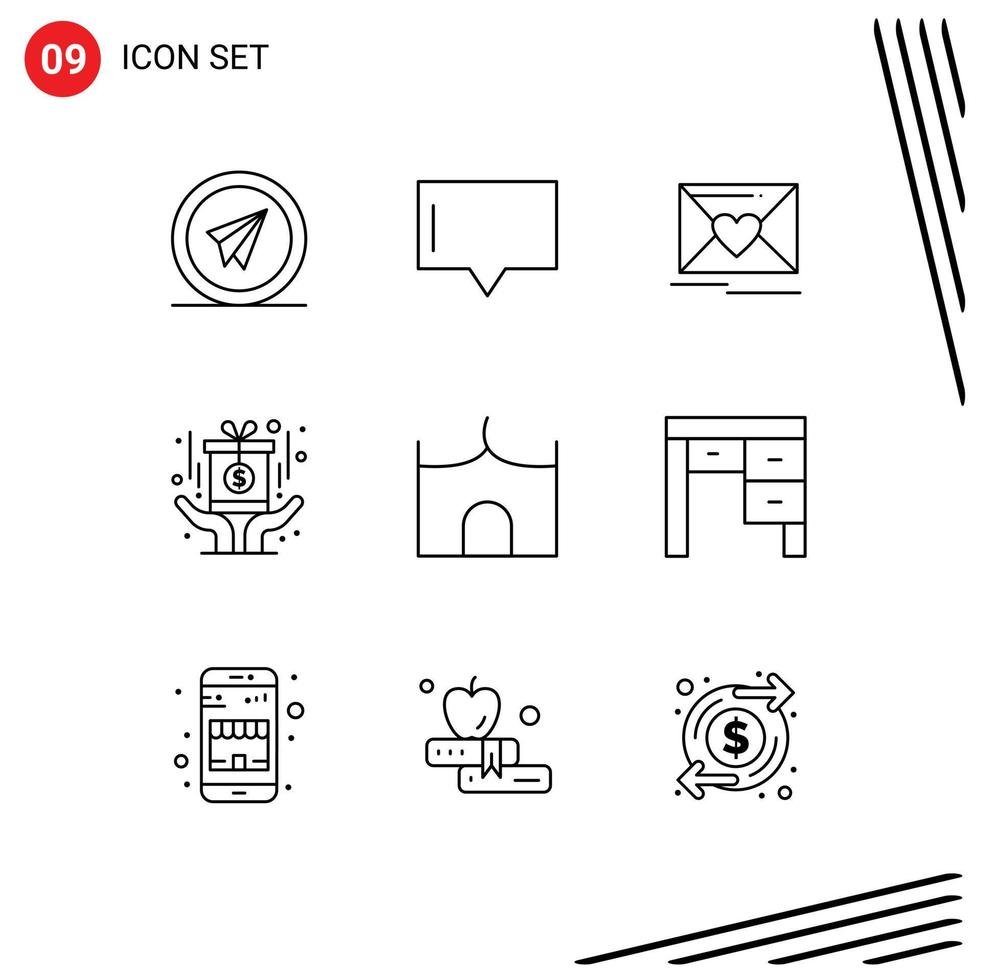 Group of 9 Outlines Signs and Symbols for castle building fund mail reward award Editable Vector Design Elements