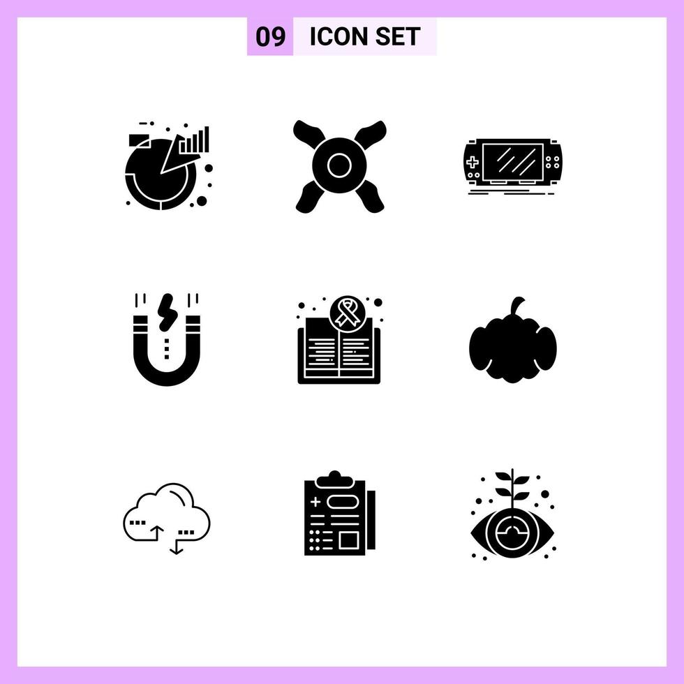 grupo de 9 signos y símbolos de glifos sólidos para elementos de diseño de vectores editables creativos de interfaz de dispositivo de imán de conciencia