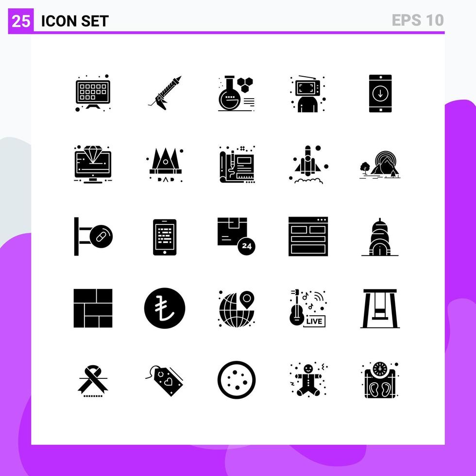 Set of 25 Vector Solid Glyphs on Grid for application online chemistry computer blogger Editable Vector Design Elements