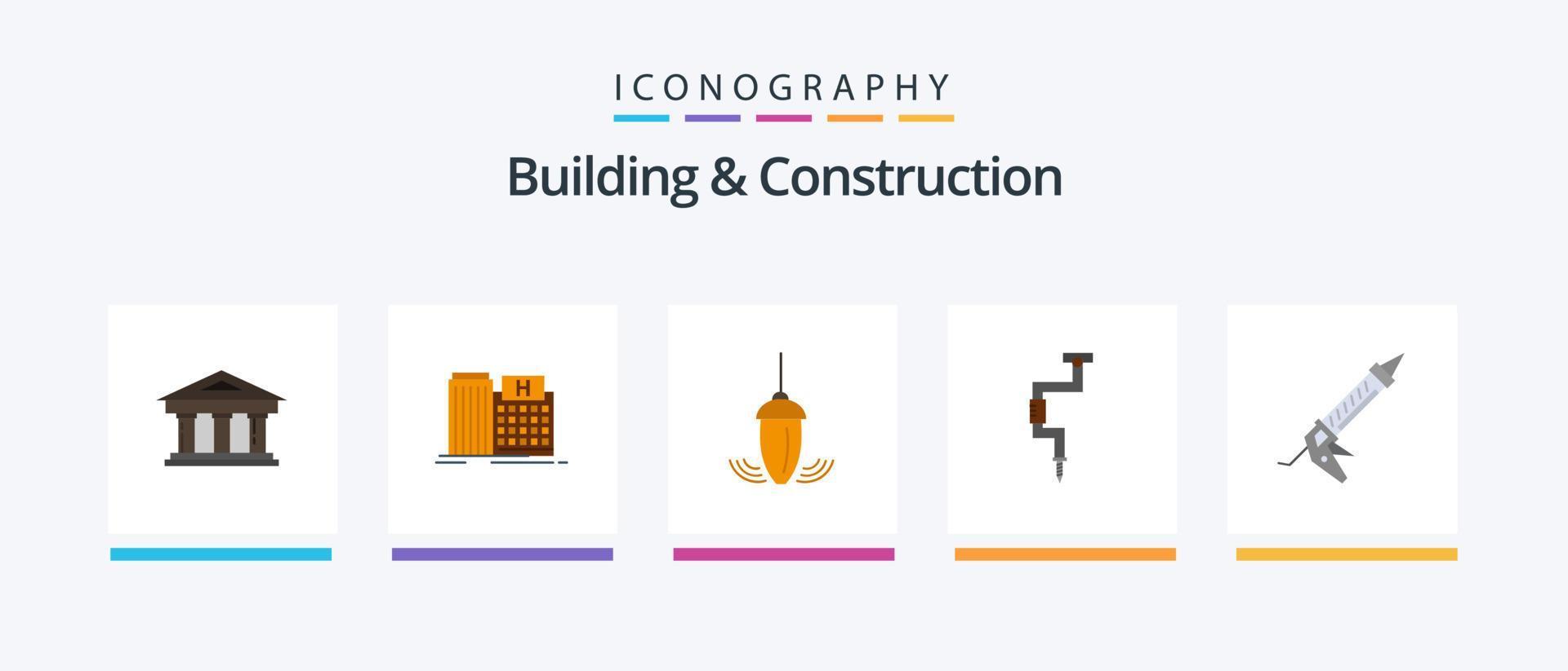 paquete de iconos de 5 planos de construcción y construcción que incluye herramienta. taladro. edificio. plomada. medición. diseño de iconos creativos vector