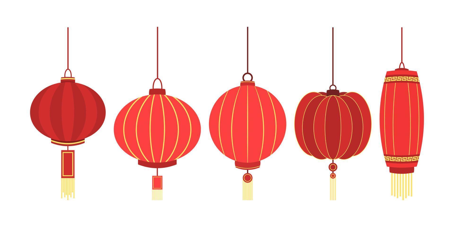 Set of red Chinese lanterns lamp. traditional chinatown decoration vector