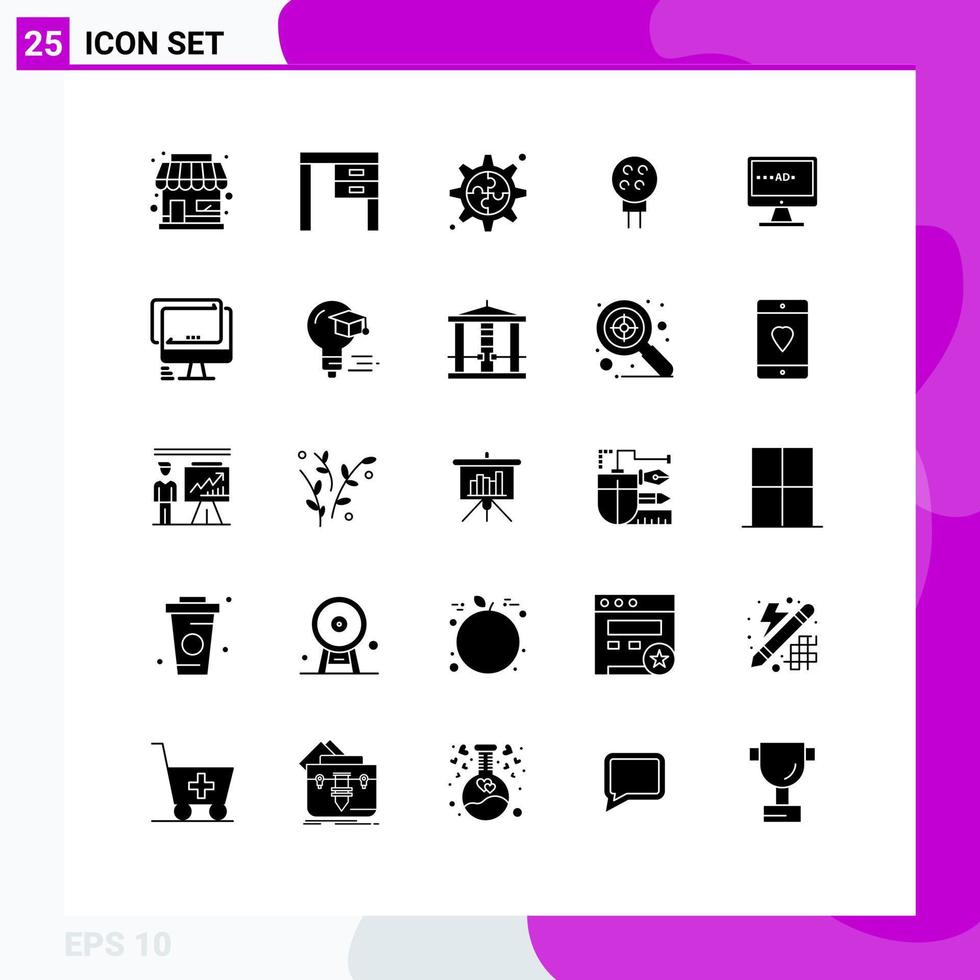 Mobile Interface Solid Glyph Set of 25 Pictograms of ad sport office baseball golf Editable Vector Design Elements