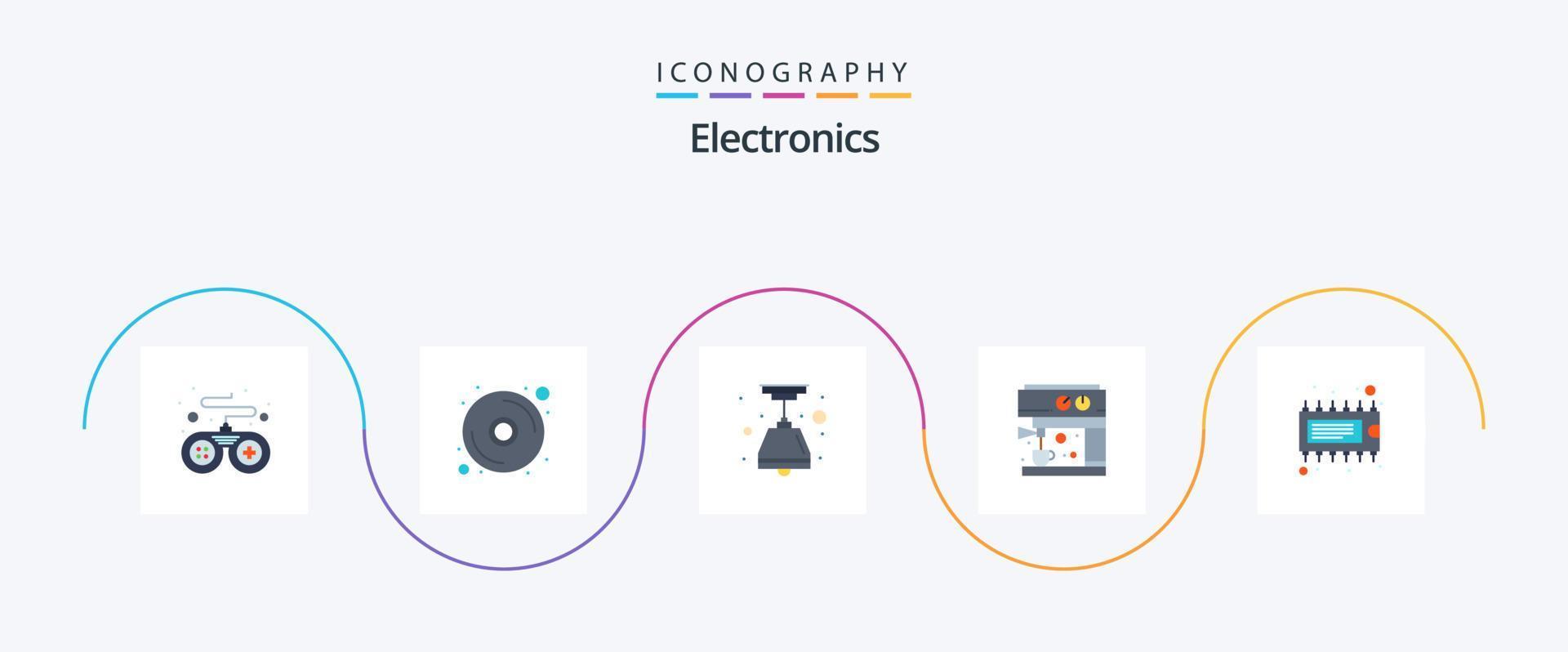 Paquete de 5 iconos planos de electrónica que incluye. ic bombilla. electrónico. componente vector