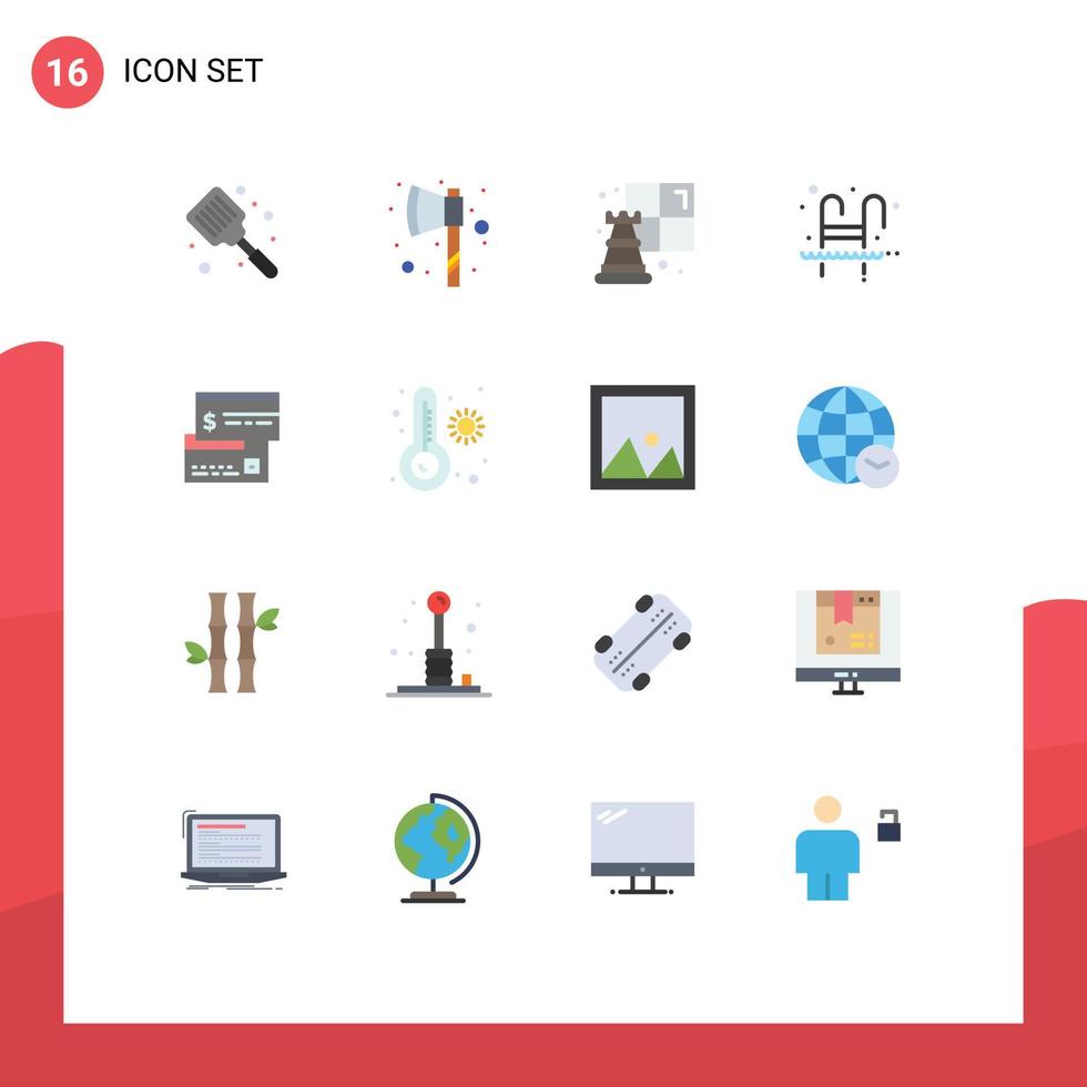 16 User Interface Flat Color Pack of modern Signs and Symbols of card water chess swimming pool Editable Pack of Creative Vector Design Elements