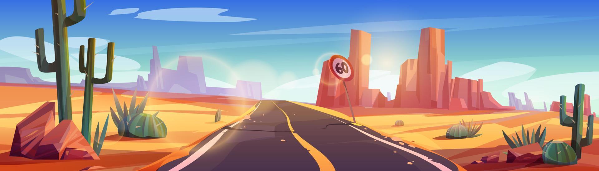 Broken road in desert landscape, straight highway vector