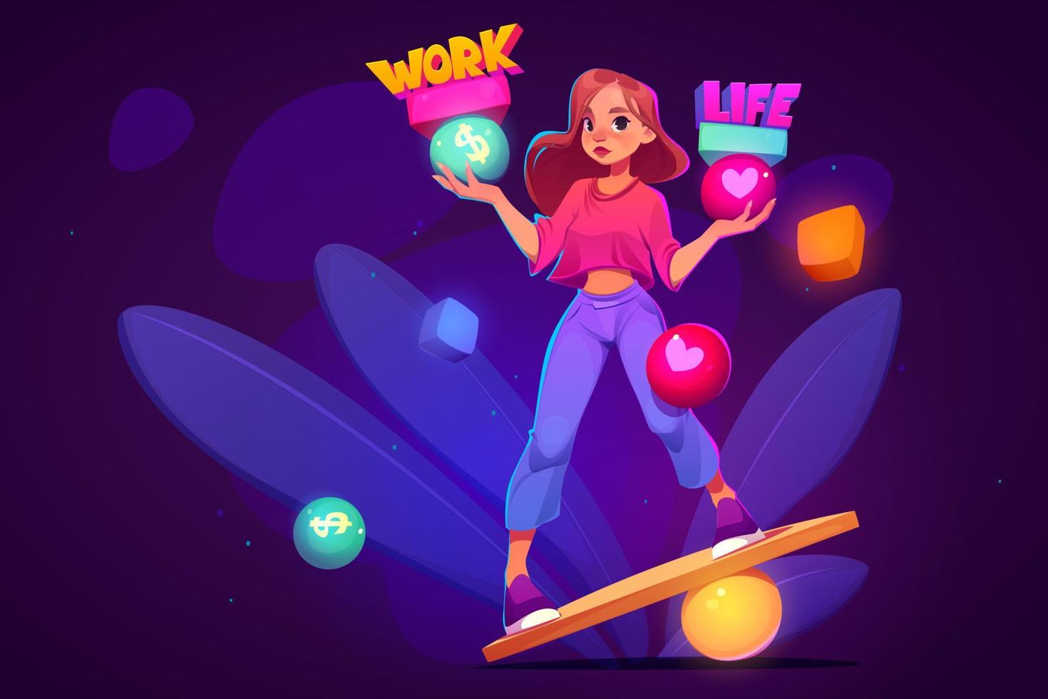 Work and life balance concept with girl balancing vector