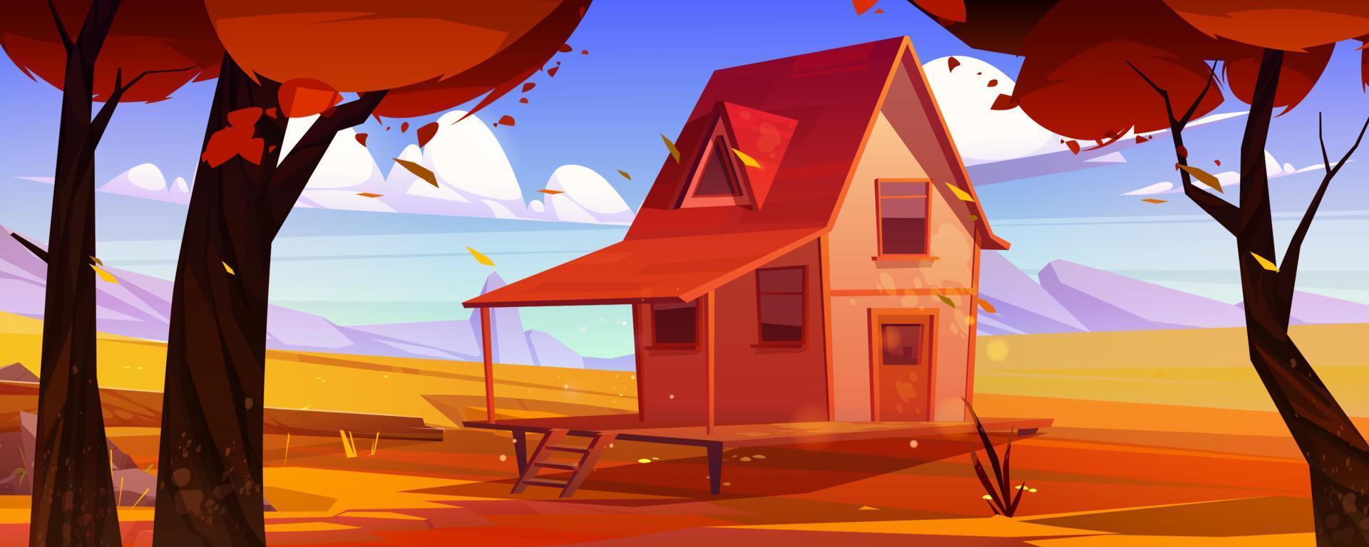 Village house in autumn mountain valley with trees vector