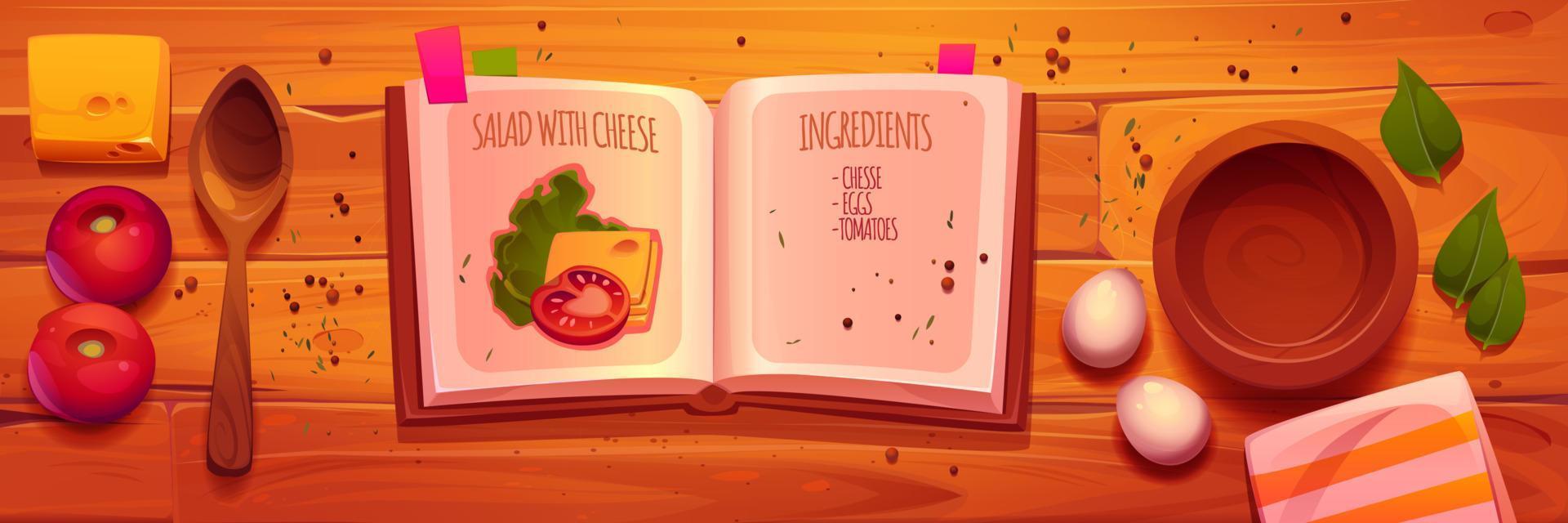 Kitchen table with open recipe book, ingredients vector