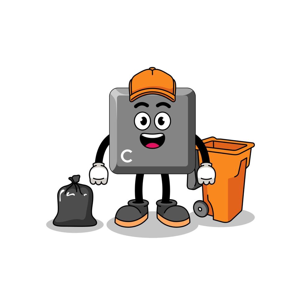 Illustration of keyboard C key cartoon as a garbage collector vector