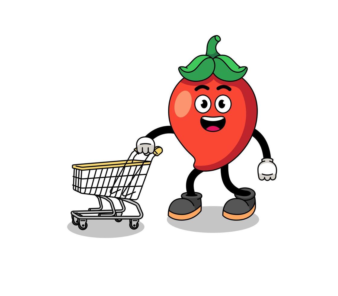 Cartoon of chili pepper holding a shopping trolley vector