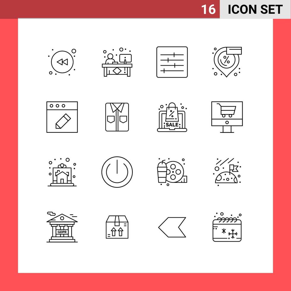 Group of 16 Outlines Signs and Symbols for mac app control shopping location Editable Vector Design Elements