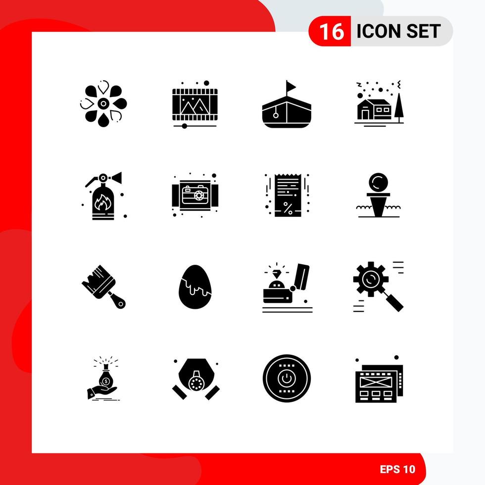 Group of 16 Solid Glyphs Signs and Symbols for fire winter reel house tree Editable Vector Design Elements