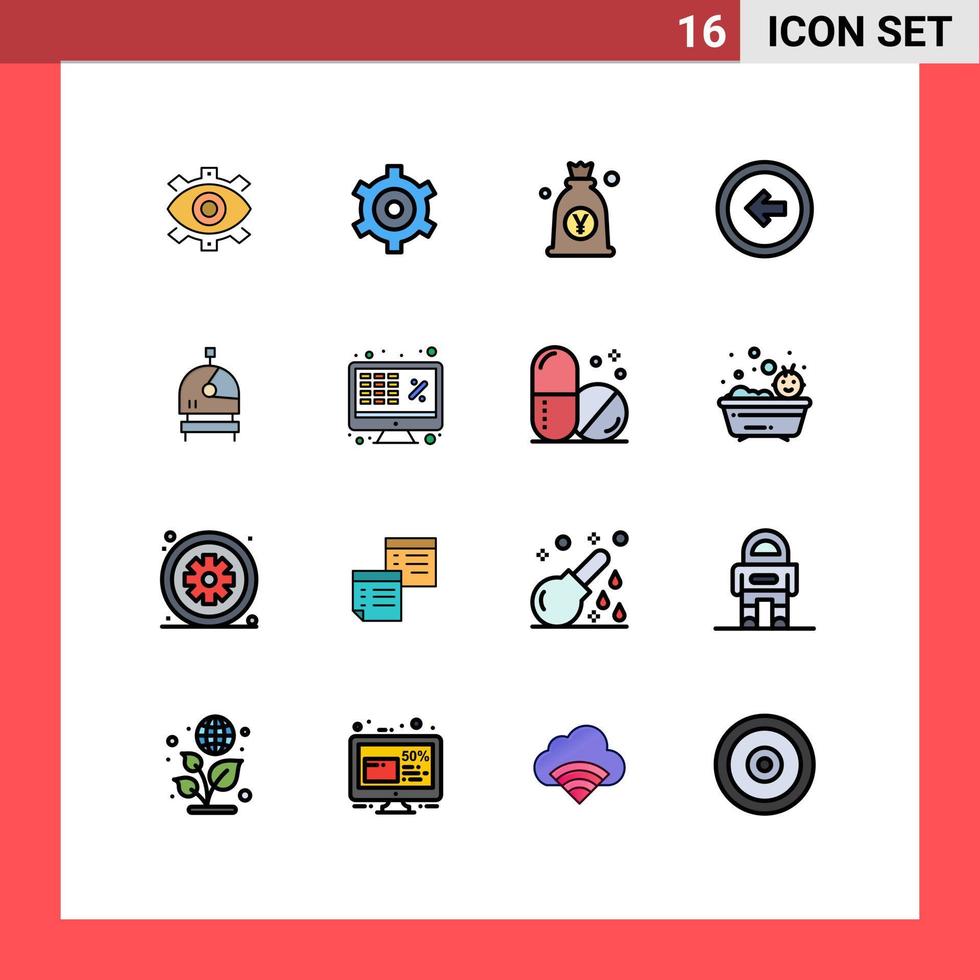 grupo de 16 líneas rellenas de color plano, signos y símbolos para la bolsa de ajuste de flecha del usuario, elementos de diseño de vectores creativos editables en japonés