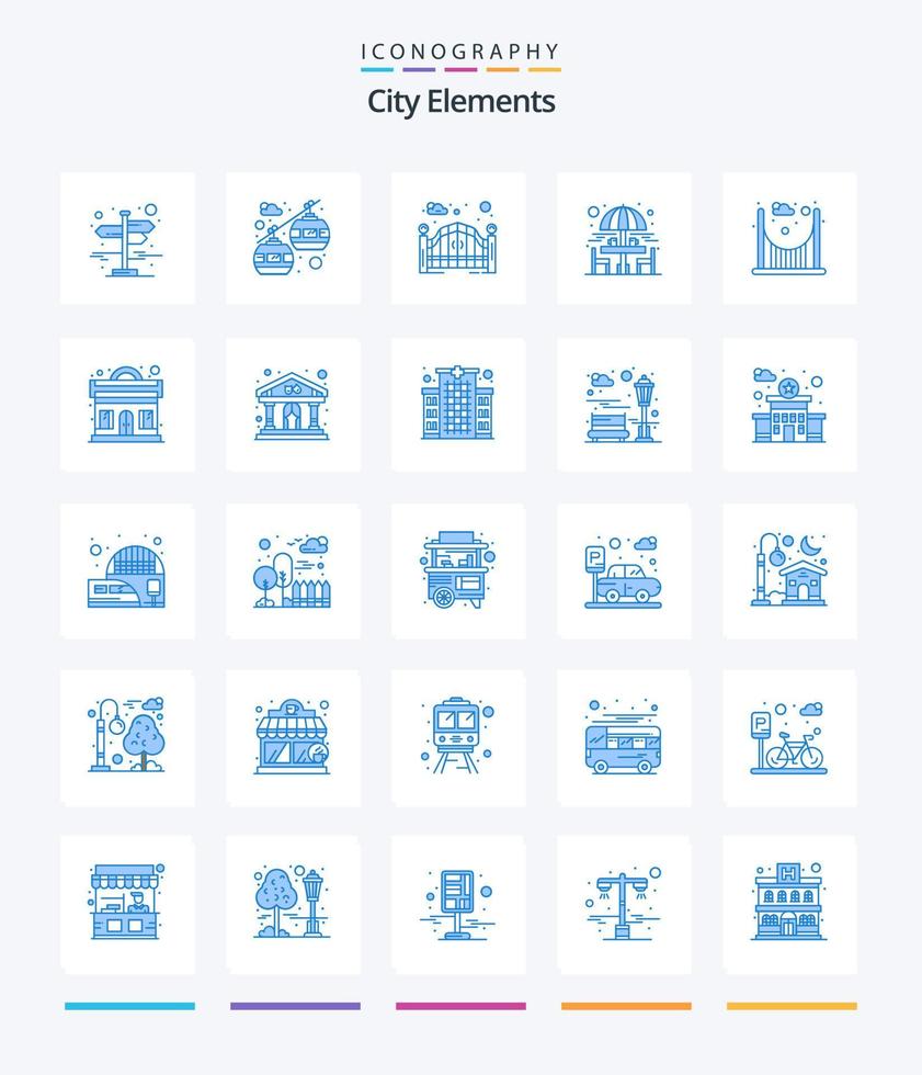 elementos creativos de la ciudad 25 paquete de iconos azules como el pasaje. puente. portón. mesa de estar Bebiendo vector