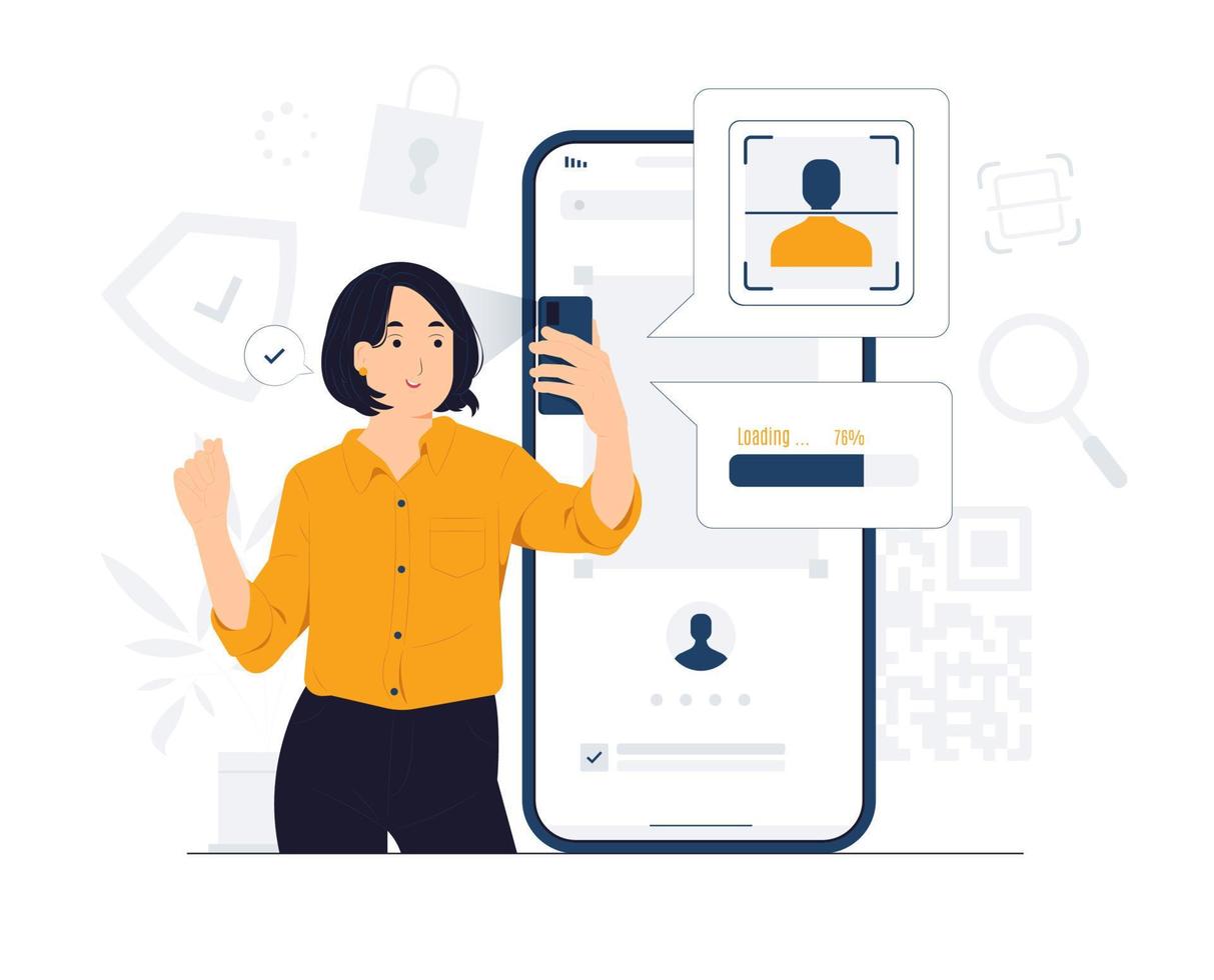 Businesswoman scanning her face using facial recognition system by smart mobile phone to unlock and checking her personal data protection vector