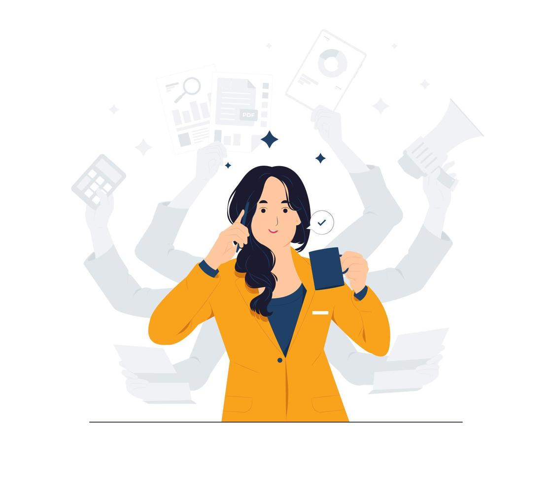 Multitasking woman with many hands in a suit Works simultaneously with several objects concept illustration vector