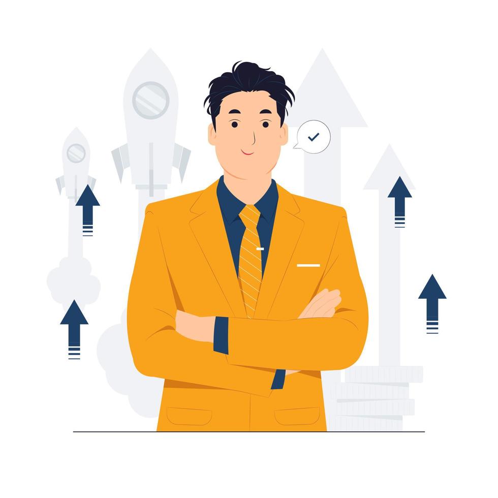 Powerful Successful Young Businessman with high self esteem and confidence dressed in stylish suit, pointing himself with fingers proud and happy concept illustration vector