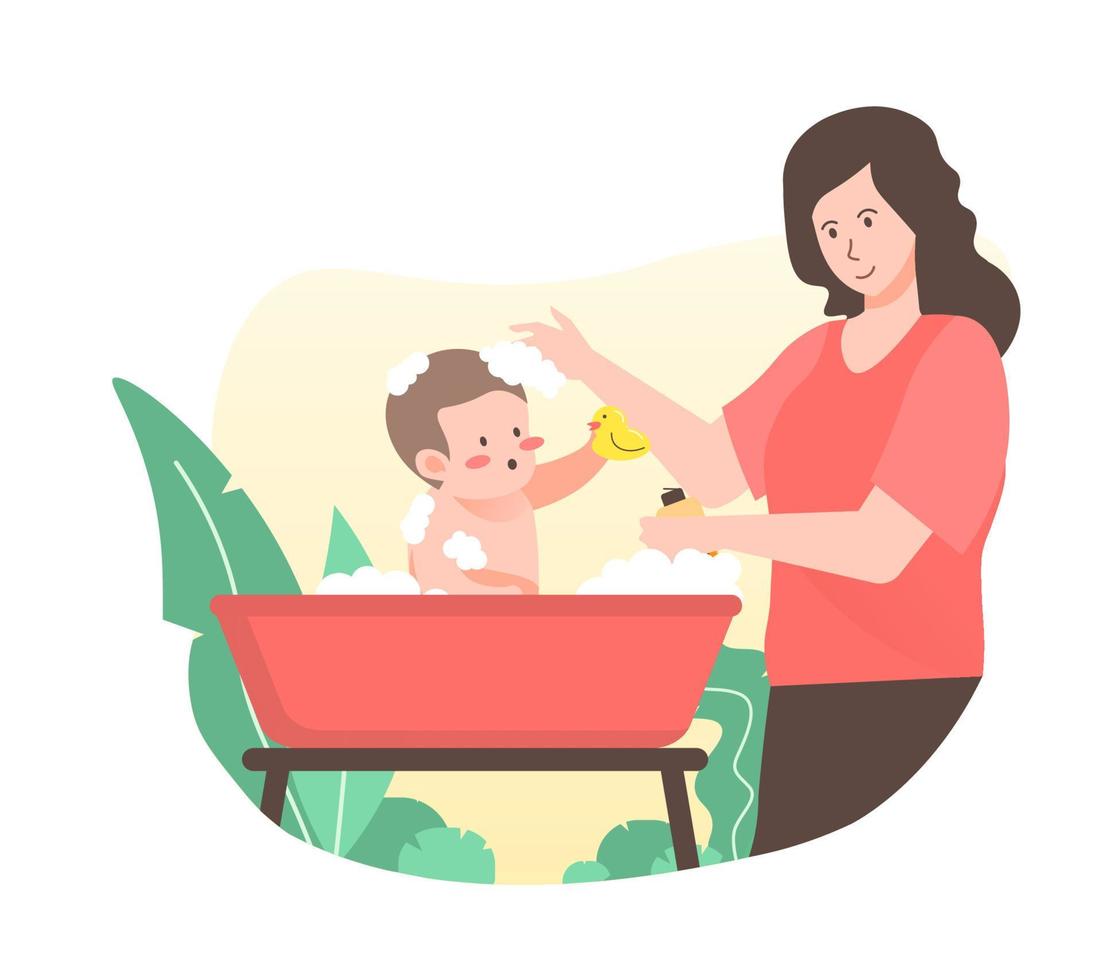 Baby taking a bath playing with foam bubbles and rubber duck. Motherhood and maternity concept vector