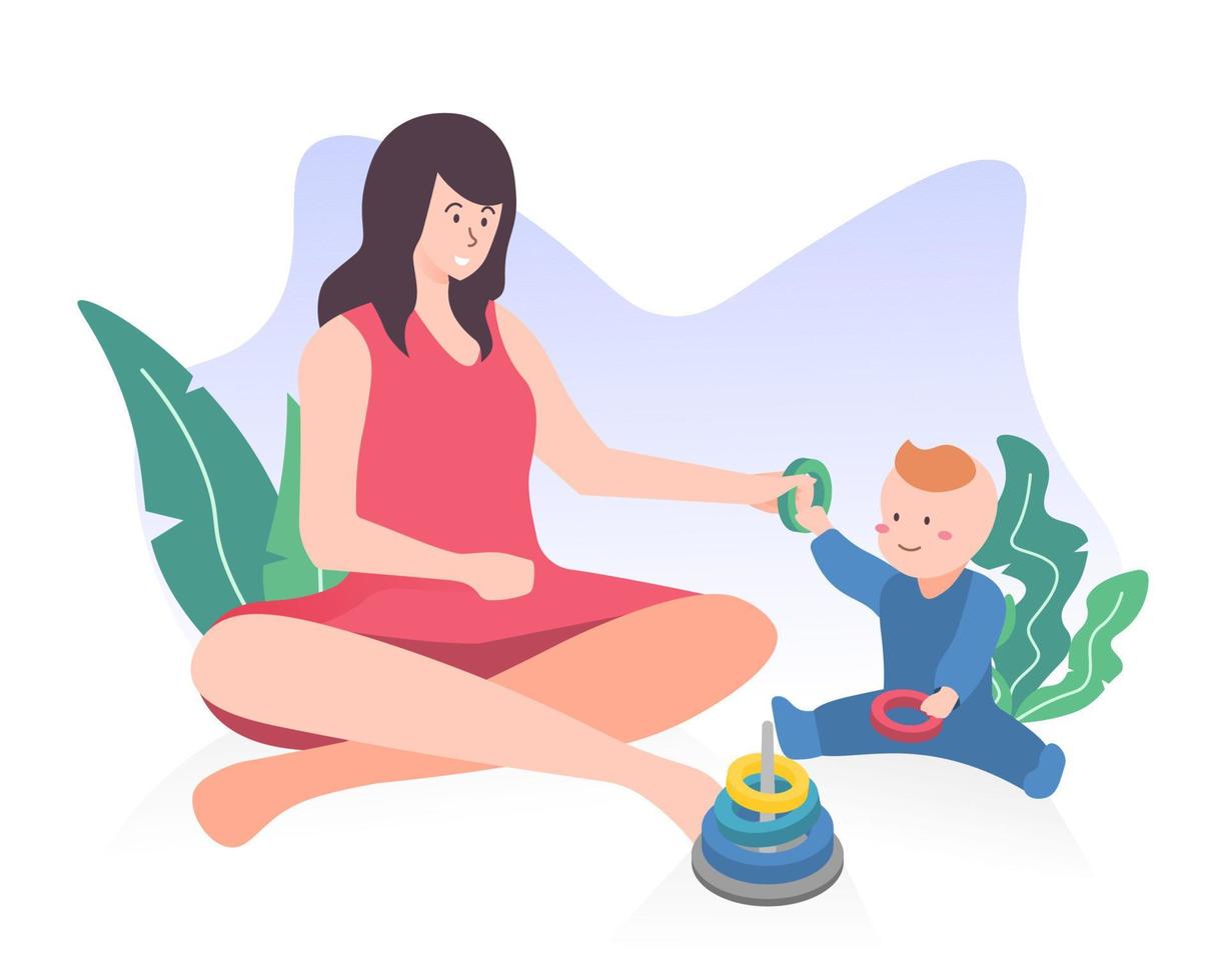 Mom and her toddler son playing with toys. Motherhood and maternity concept vector