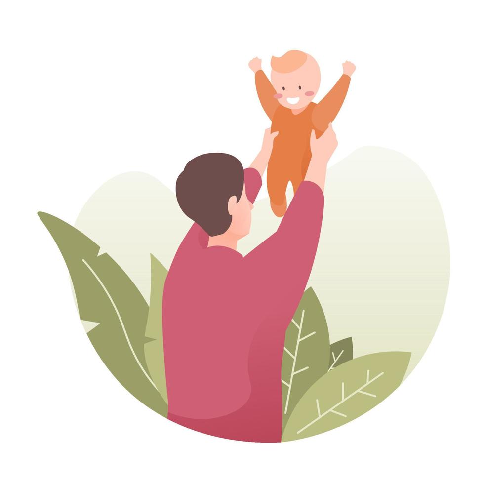 Father carrying his son. Joyful father playing with his little kid vector
