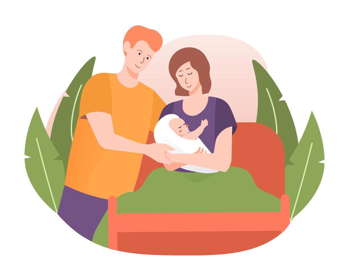 felices padres jóvenes con un bebé recién nacido. concepto de maternidad y maternidad vector